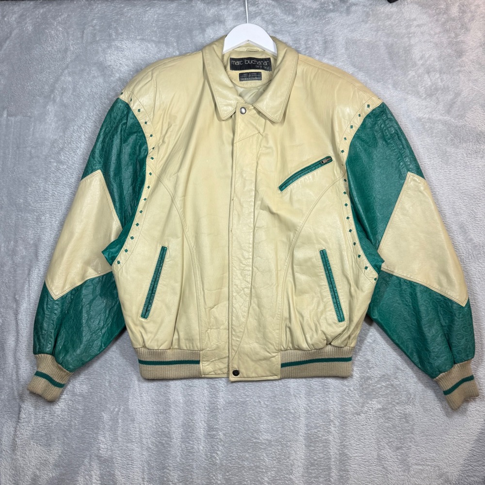 Vintage Marc Buchanan Pelle Leather Jacket Mens 46 Cream Green Soda Club 90s